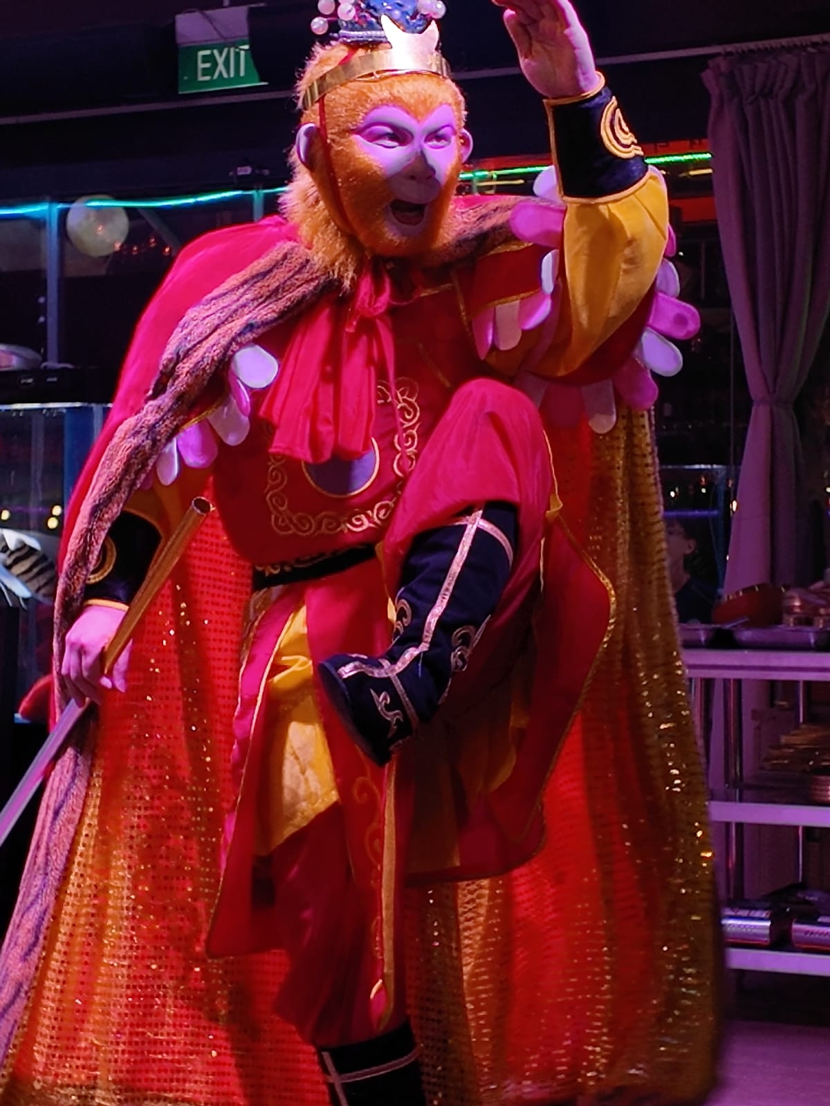 Sun Wukong, the Monkey King, performing acrobatics on the Xin Yan stage